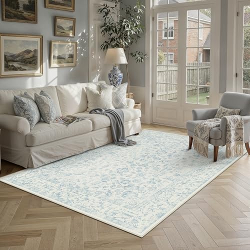 PureCozy 5x8 Blue Area Rug Washable Non Slip Vintage Living Room Carpet - Image 3