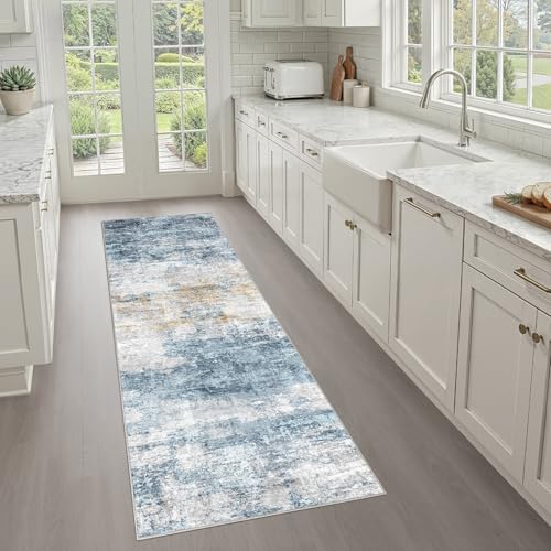 LOONGRUG Runner Rug 3x8 Washable Non-Slip Kitchen Neutral Rug Blue Gold by LOONGRUG