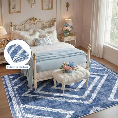 Boho Washable Rugs 5x7ft for Living Room, Low Pile Blue Bedroom Area Rug Non Slip, Moroccan Soft Kids Nursery Area Carpets for Dining Room Playroom Kitchen Home Office Decor - Image 4