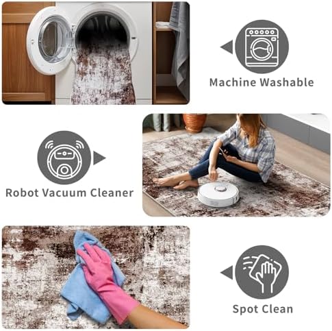4x12 Runner Rug for Wide Hallway: Long Washable Runners for Entryway Living Room Dining Room - Stain and Water Resistant Rugs with Non-Slip Backing - Soft Low-Pile Carpet Brown Khaki White - Image 3