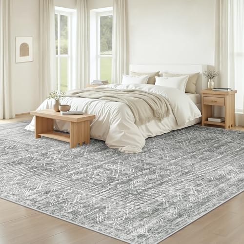 Living Room Rugs 8x10: Washable Moroccan Geometric Boho Rug Farmhouse Non Slip Stain Resistant Large Rug Low Pile Soft Carpet for Bedroom Dining Room Children Room (Grey,8'x10') - Image 2
