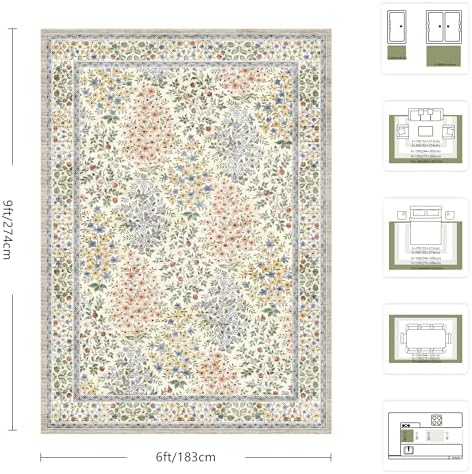 6x9 Area Rugs, Washable Floral Area Rugs for Living Room, Indoor Area Rug for Bedroom, Dining Room, Low Pile Non-Slip Non Shedding Rug(Beige Floral) - Image 2