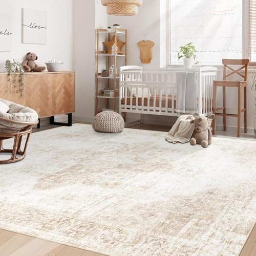 Area Rug 6x9 Washable Rug, Vintage Boho Medallion Rugs Non-Slip Soft Low Pile Large Distressed Rug Indoor Retro Carpet for Living Room Bedroom Dining Room Home Office (Beige, 6'x9') - Image 3