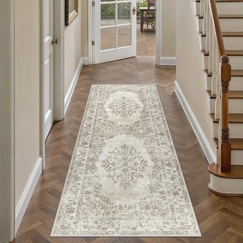PureCozy 2x4 Washable Area Rug Entryway Cream Beige Vintage Doormat - Image 3