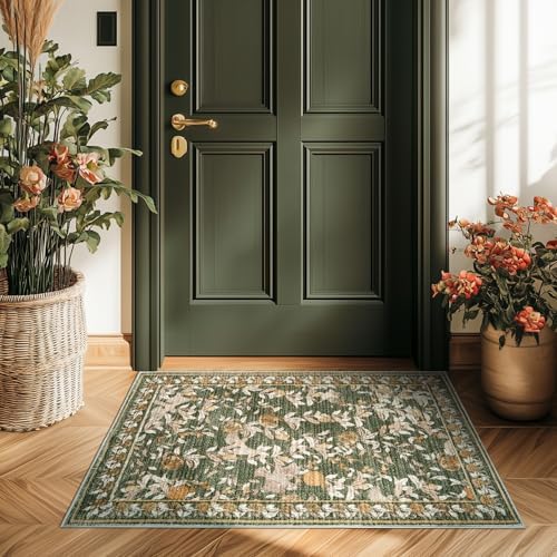 jinchan 2x3 Floral Vintage Washable Accent Entryway Rug, Green by JINCHAN