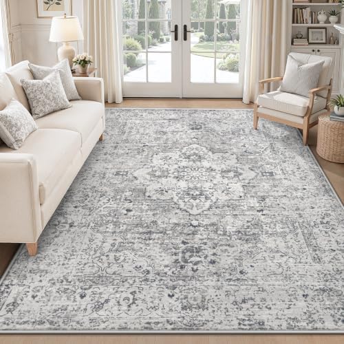 Zomfy 5x7 Area Rugs Washable Rug: Boho Vintage Rug Non-Slip Soft Rugs for Living Room Low Pile Retro Medallion Indoor Carpet for Bedroom Nursery Dining Room Dorm Farmhouse Home Office(Grey, 5'x7') by ZomfyRugs