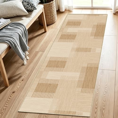 Faux Linen Washable Runner Rug Water Absorbent Surface 2x6 Beige by WIEVEDENS