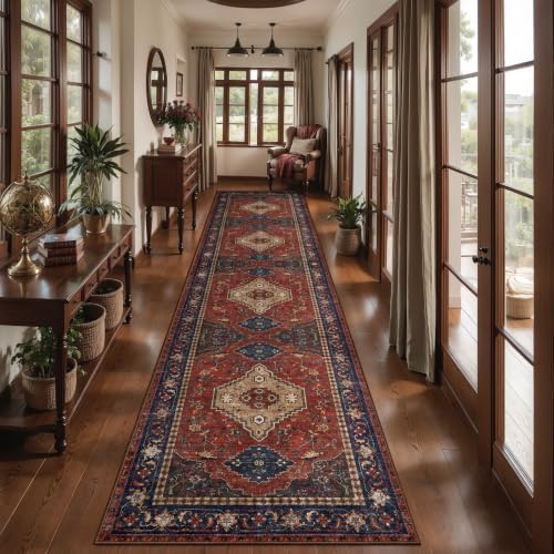 Tangsoo Boho 2.6x12 Washable Hallway Runner Rug, Red Non Slip Long Rug by Tangsoo