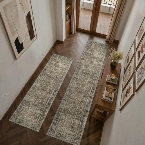 PureCozy Brown Kitchen Rug Set 2 Piece 2x6+2x10 Vintage Distressed - Image 2