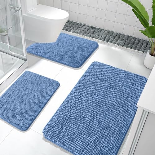 OLANLY Bathroom Rugs Sets 3 Piece, 36"x24"+24"x16"+24"x20", Cornflower Blue by OLANLY