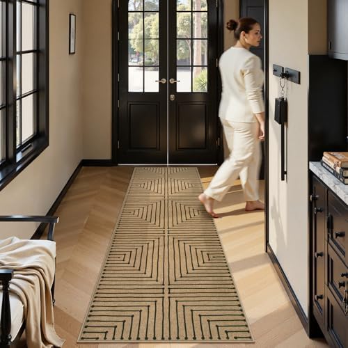 Lahome Geometric 2x8 Runner Rug, Neutral Non Slip Kitchen Entryway Runner - Image 3