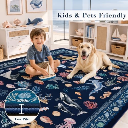 Arenarug 5x7 Washable Living Room Area Rug, Coastal Ocean Rug, Deep Navy - Image 4