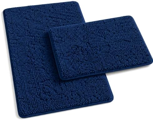Non Slip Washable 2 Piece Extra Absorbent Shaggy Chenille Bathroom Rugs and Mats Sets, Soft & Dry Bath Rug/Mat Sets for Bathroom Washable Carpets Set Navy Blue Blue by RUNHELIX