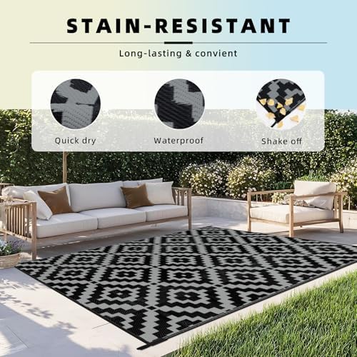 Favoyard Outdoor Rug Black & Grey 5x8 ft Waterproof Reversible Carpet Mat - Image 5