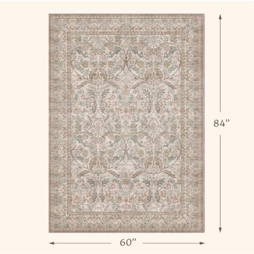 Moss Green 5x7 Washable Living Room Rug, Vintage Farmhouse Dining Room Rugs for Under Table, Machine Washable Low Pile Kitchen Carpet, Non Slip Stain Resistant Large Throw Carpet for Entryway Bedroom - Image 2