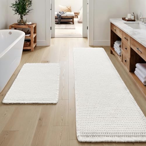 MIULEE Set of 2 Waffle Bathroom Rugs Boho Bath Mat White 17"x24"+20"x47" by MIULEE