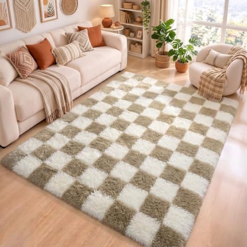 KICMOR Rugs for Living Room 7x10 Area Rug, Beige and Cream White Large Fluffy Shag Shaggy Fuzzy Checkered Bedroom Big Carpet, Soft Plush Rug for Kids Boys Girls Dorm Nursery Home Decor Aesthetic - Image 5
