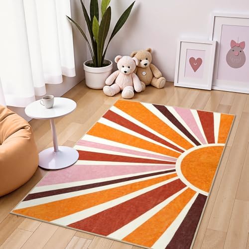 LIVEBOX Boho Rug 3x5 Rainbow Sun Rug for Kids Room, Soft Washable Small Entryway Rugs for Mushroom Indoor Entry, Non-Slip Yellow Nursery Rugs Boho Carpet for Bedroom Dorm - Image 6