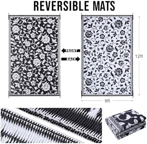 OLANLY Outdoor Rug 9x12 ft Waterproof Reversible Floral Mat, Black & White - Image 2
