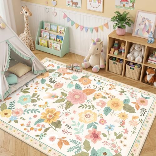 RELEANY Floral Washable 5x7 Area Rugs Beige/White/Orange - Image 2