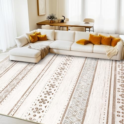 BESTSWEETIE 9x12 Area Rugs for Living Room Washable Moroccan Farmhouse Neutral Geometric Low Pile Non-Slip Soft Print Pattern Rug for Bedroom Kitchen Dining Room Entryway Cream/Brown/Pink by BESTSWEETIE