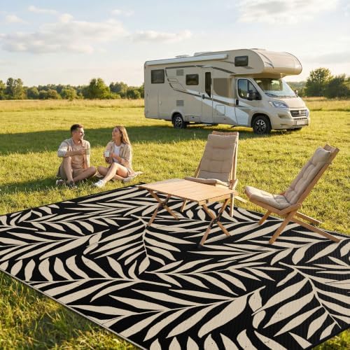 Smiry Outdoor Rug 6x9 ft Waterproof Reversible Leaf Mat, Black & Beige - Image 2