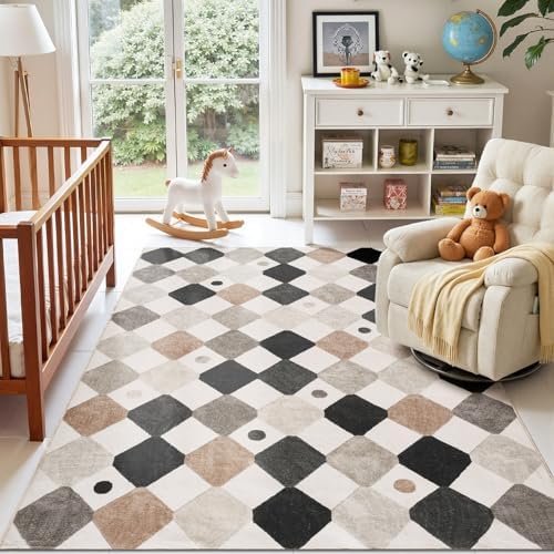 jinchan 5x7 Nursery Rug Washable Kids Playroom Rug Black and White Marble by JINCHAN