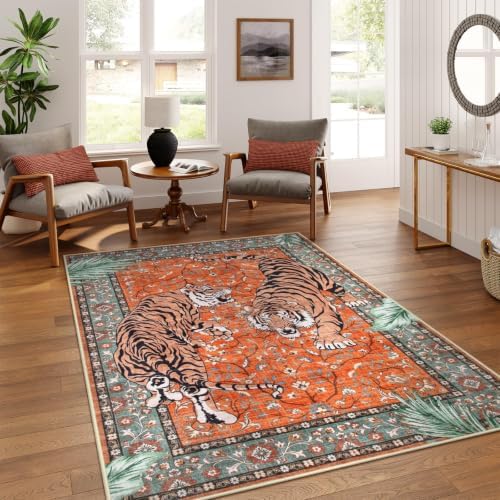 Moynesa Tiger 5x7 Area Rug, Boho Washable Living Room Rug, Non Slip Rugs for Bedroom, Ultra Thin Vintage Soft Stain Resistant Throw Floor Carpet for Office Dining Room, Rust by Moynesa