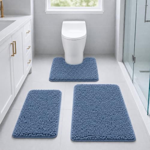 Bathroom Rugs Bath Mats for Batroom Chenillen Bath Rug Set 3 Piece Non-Slip Bath Mats, Absorbent Shaggy Rugs, Machine Wash, Perfect Plush Bathroom Mats, Bathroom Carpets Set Sky Blue by RUNHELIX