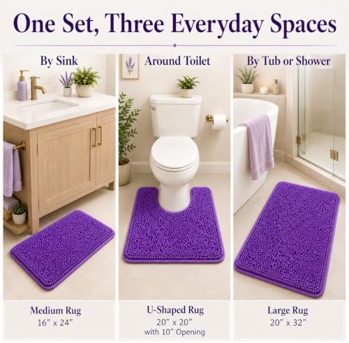 RUN HELIX Purple Bathroom Rugs Sets 3 Piece Non Slip Extra Absorbent Shaggy Chenille Bathroom Rugs and Mats Sets, Soft & Dry Bath Rug/Mat Set for Bathoom Mats - Image 5