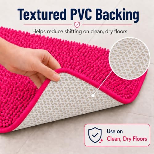 Deep Pink Plush Bath Set - 3 Piece Anti-Slip Mats, Soft Chenille Shaggy Mat for Bathroom, Bedroom & Living Room, Water Absorbent - Image 4