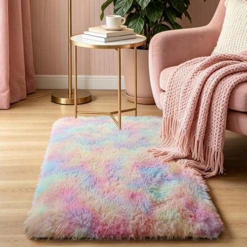 Area rug 2x3 Thick Rainbow 2 Pcs Unicorn Fluffy Fuzzy Rug Washable Shag by KICHOWUA