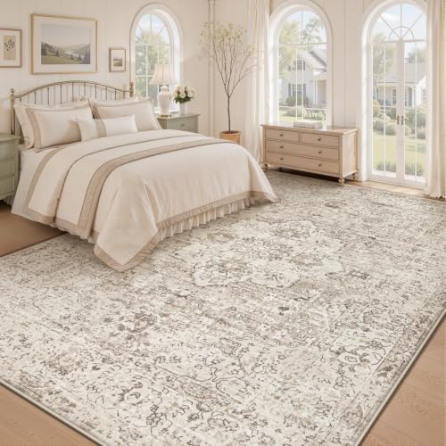 Zomfy Washable Rugs 9x12 Area Rug: Boho Vintage Rug Large Non-Slip Soft Rugs for Living Room Low Pile Retro Medallion Indoor Carpet for Bedroom Nursery Dining Room Farmhouse Home Office(Brown, 9'x12') - Image 3