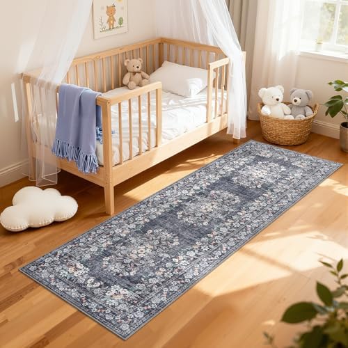 GarveeHome 2x10 Blue Runner Rug for Bath Distressed Leaf Flower Long Rug - Image 6