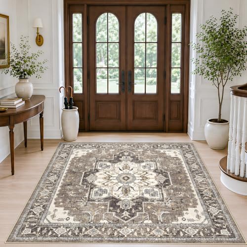 5x5 Square Rug for Living Room: Washable Vintage Non-Slip Area Rugs for Kitchen Entryway Low Pile Soft Thin Carpet for Bedroom Stain Resistant Easy-Clean Home Decor Gifts for Housewarming(Beige,5x5) by RUUGME