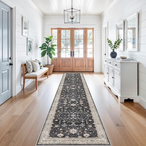 Hallway Washable 2'6x12 Runner Rug - Vintage Kitchen Rugs Non-Slip Soft Thin Farmhouse Carpet for Entryway Low Pile Indoor Floor Decor Mat for Bathroom Living Room Bedroom (Black/Multi,2'6"x12') by RUUGME