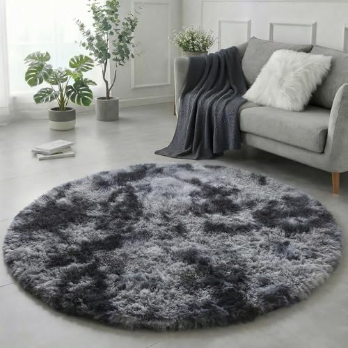 Amdrebio Tie-Dyed Dark Grey Cool Round Rug 4Ft for Men Bedroom Living Room - Image 4