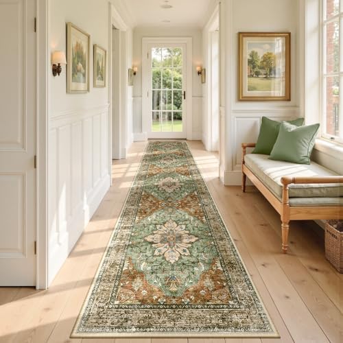 RELEANY Washable Area Rug, Runner 2'6"x14', Brick/Brown/Green by RELEANY