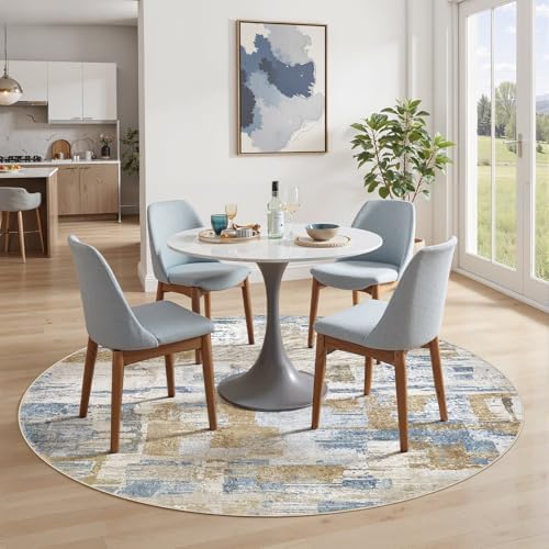 kakania Abstract 5x5 Round Rugs for Living Room: Circle Rugs 5FT Blue Gold - Image 5