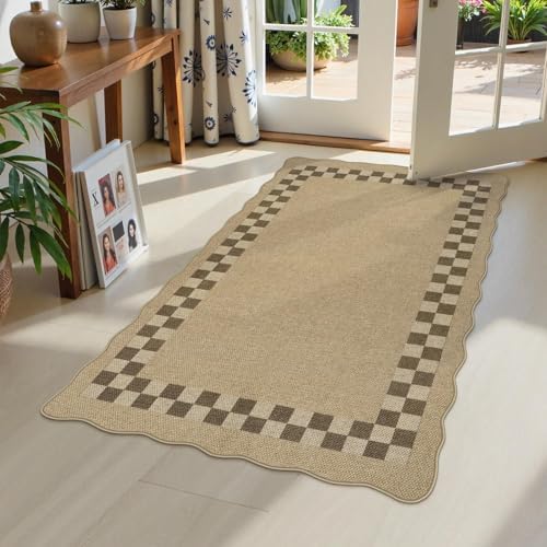 LIVEBOX Scalloped Easy Jute Checkered 3x5 Outdoor Rug, Washable Non-Slip Tan Rugs for Entryway, Geometric Indoor Outdoor Rug Farmhouse Boho Carpet Door Mat for Patio Porch Bedroom Living Room Modern by LIVEBOX