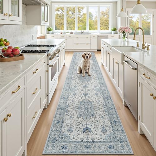 RELEANY Washable Area Rug, Runner 2'6"x10', Blue/White/Gray by RELEANY