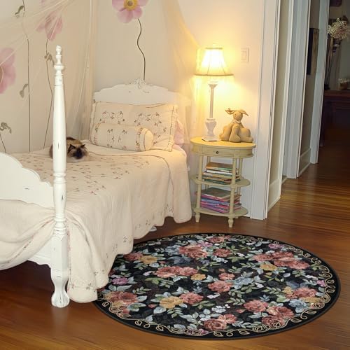 Washable 4ft Round Area Rug, Navy Boho Floral Non-Slip for Bedroom, Kitchen - Image 4