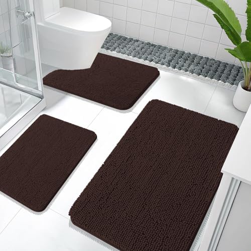 OLANLY Chenille Bathroom Rugs Sets 3 Piece, 36"x24"+24"x16"+24"x20", Brown by OLANLY