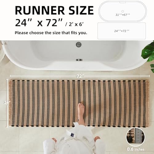 TYUU Waffle Runner Rug Bathroom, Long Boho Bath Mat, 72x24 Black & Khaki - Image 2
