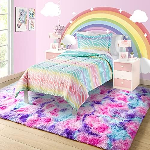 5x7 Tie-Dyed Pink Purple Blue Fluffy Area Rug Non-Slip for Kids Bedroom - Image 2