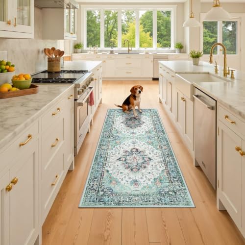 RELEANY Washable Area Rug, Runner 3'x6', Teal Green/White/Navy - Image 3