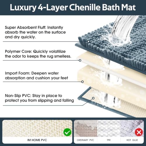 SmileYes Striped Haze Blue Bathroom Rug Set 3 Pieces Ultra Soft, Non Slip Chenille Bath Carpet, Absorbent Plush Shaggy Bath Mats for Bathroom, Bedroom, Stone Blue - Image 5
