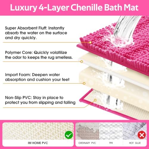 ACCUMTEK Christmas Striped Hot Pink Bathroom Rug Set 3 Pieces Ultra Soft, Non Slip Chenille Toilet Mat, Absorbent Plush Shaggy Bath Mats for Bathroom, Bedroom, Kitchen, Peach - Image 5