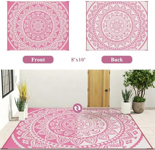 Bsmathom Waterproof Outdoor Rug 8'x10' Reversible Boho Plastic Straw Patio Deck Camping Rugs, Indoor Outdoor Portable RV Mat Clearance Carpet for Outside, Porch, Balcony, Backyard, Beach, Pool,Pink - Image 5