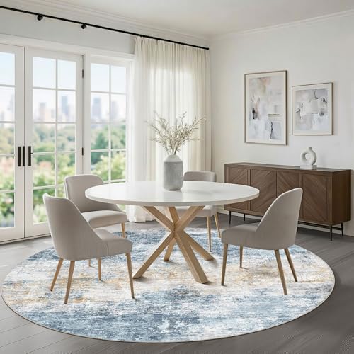 LOONGRUG Round Rug 6x6 Washable Neutral Modern Living Room Rug Blue Gold - Image 5